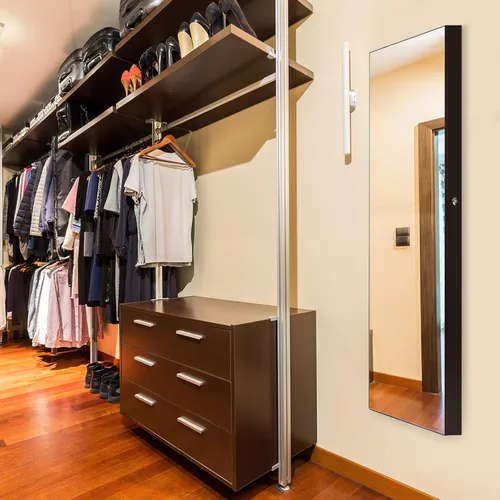 Vista 8 de COSTWAY Armario de joyería con espejo organizador de joyas montado en la pared con espejo de longitud completa y 2 luces LED armario de joyería