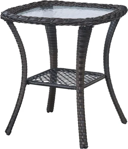 Vista 2 de Belord Mesa auxiliar pequeña para exteriores, mesa de mimbre de vidrio templado, mesa de centro impermeable para patio, mesa auxiliar de ratán