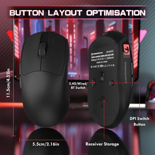 Vista 9 de ATTACK SHARK × MAMBASNAKE M4 Mouse inalámbrico para juegos, 24000 DPI ajustable PAW3311 Sensor óptico, botones programados, 1.83 oz Ratones Negro