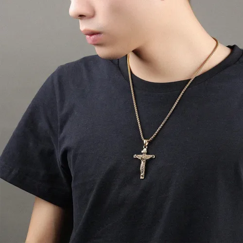 Vista 3 de FIGEDY Stainless Steel Cross Crucifix Bible Prayer Pendant Necklace, Jesus Cross Shape Chain Necklace Gold Black Silver For Men Papa Teenage Teen