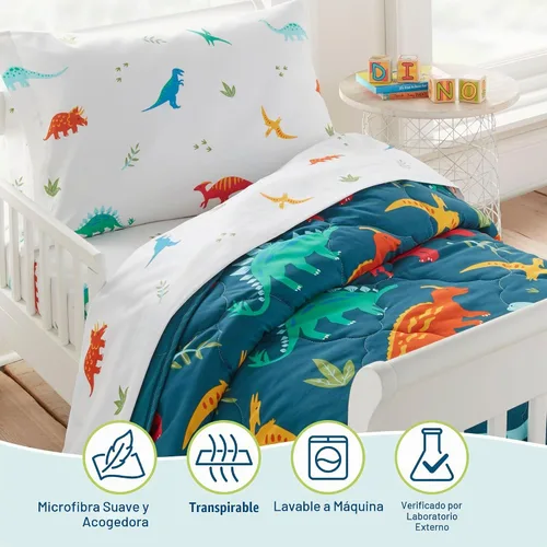 Vista 2 de Wildkin Cama para niños pequeños en una bolsa, juego de ropa de cama de microfibra de 4 piezas con edredón, funda de almohada y sábanas, dinosaurios