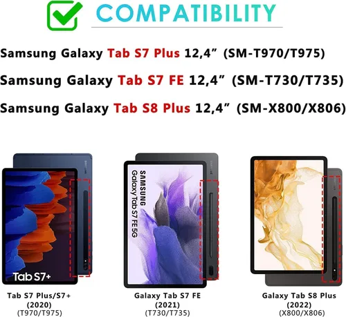 Vista 2 de DETUOSI Funda para tablet Samsung Galaxy Tab S7 FE 5G, S8 Plus, S7 Plus, 12.4 pulgadas, funda protectora resistente para niños con soporte plegable