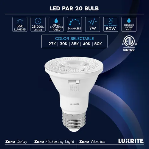 Vista 7 de LUXRITE Foco LED PAR20 de Inundación, Equivalente a 50W, 5 Colores Seleccionables 2700K-5000K, 550 Lúmenes, 7W, Foco LED Regulable, Clasificación