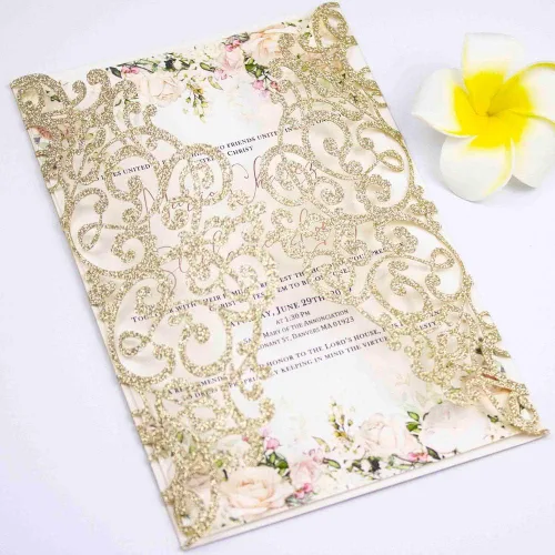 Vista 5 de 50 tarjetas de invitación de boda de 5 x 7 pulgadas, cortadas con láser, solo bolsillo, sin sobre, sin inserto para boda, despedida de soltera Oro