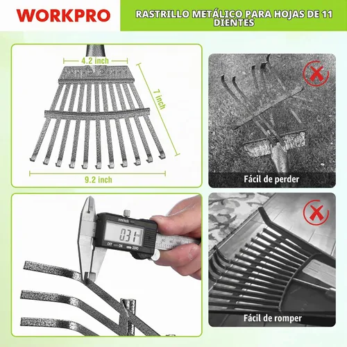 Vista 4 de WORKPRO Rastrillo, rastrillo pequeño para hojas con mango largo ajustable de 72 pulgadas, 11 púas de acero, rastrillos de hojas de metal resistentes
