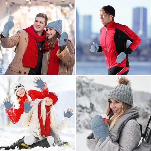 Vista 31 de THINP Guantes sin dedos para mujeres y hombres, guantes de invierno, guantes de lana cálida de punto sin dedos con tapa, guantes convertibles