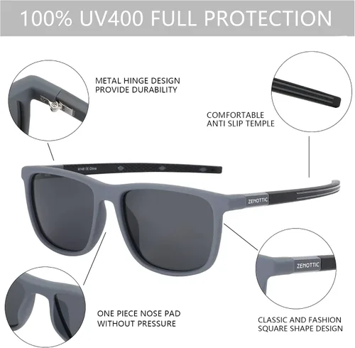 Vista 5 de ZENOTTIC - Lentes de sol polarizados cuadrados para hombre, marco TR90 ligero, 100% bloqueo UV, para conducir, pesca, golf, deportes