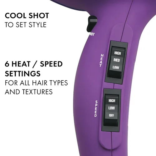Vista 3 de Hot Tools Pro Artist 1875W Turbo Ionic Dryer Golpes suaves y sin encrespamiento (morado) Golpes suaves, sin encrespamiento, 6 opciones