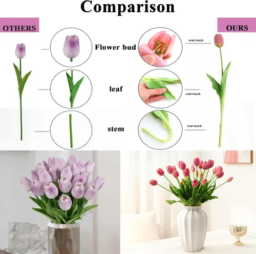 Vista 4 de Flores artificiales, 20 piezas tulipanes falsos de tacto real, tulipanes de látex sintético con caja de regalo, ramos de tulipanes sintéticos