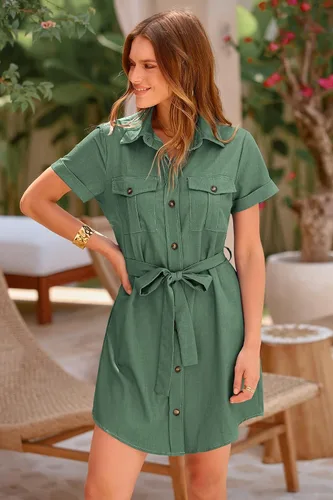 Vista 9 de PRETTYGARDEN Vestido casual de verano con botones para mujer, cuello en V, manga corta, con cinturón, bolsillo