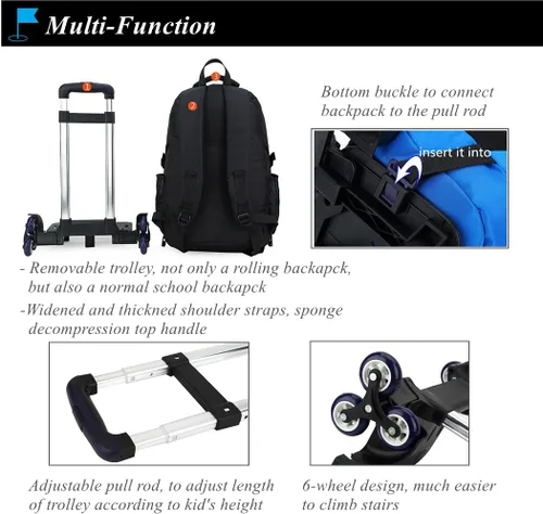 Vista 5 de Mochila con ruedas para adolescentes y niñas, mochila con ruedas para la escuela con seis ruedas, A-azul, M