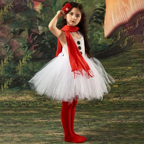 Vista 4 de Disfraz de muñeco de nieve para niñas, vestido tutú de tul blanco con diadema, bufanda y medias, disfraz de cosplay