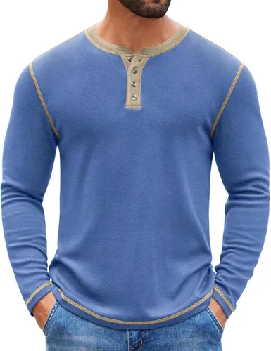 Vista 10 de COOFANDY - Camisetas Henley para hombre, manga larga, con botones, estilo casual, de pullover, suaves, elásticas, tops de camiseta