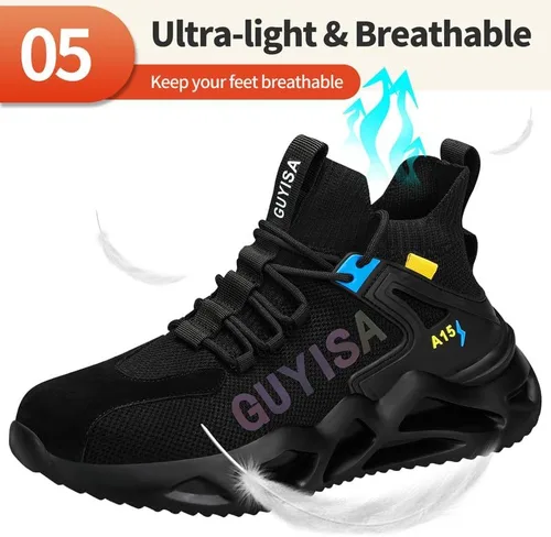 Vista 6 de KGJIANDA Zapatos de punta de acero para hombres, botas industriales de seguridad, zapatos ligeros y duraderos, tenis de alta calidad de construcción