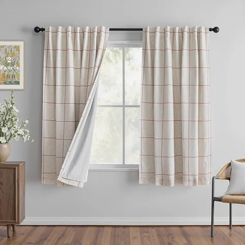 Vista 36 de MYSKY HOME Cortinas de Lino a Cuadros 100% Opacas de 45 Pulgadas de Largo de Doble Capa Estilo Granja con Aislamiento Térmico Estampado a Cuadros
