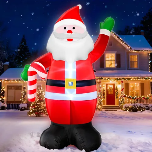 Vista 6 de Inflables gigantes de Navidad de 12 pies por 7 pies, decoraciones navideñas de Papá Noel para exteriores, Papá Noel inflable sostiene bastón