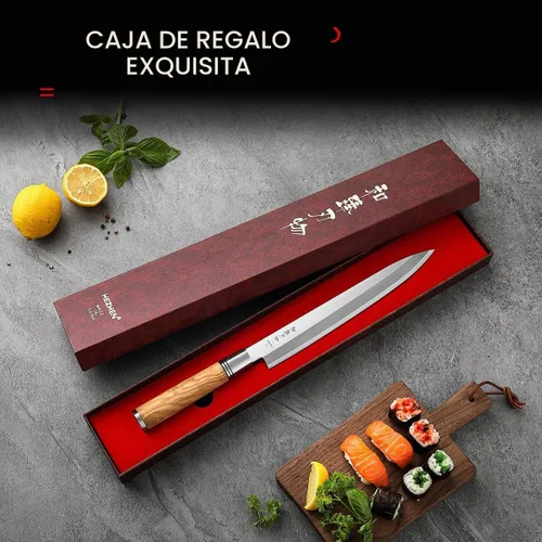 Vista 8 de Cuchillo Sashimi de 9.449 in,Cuchillo de sushi Yanagiba,Mango de madera de olivo con estuche de cuchillo de madera