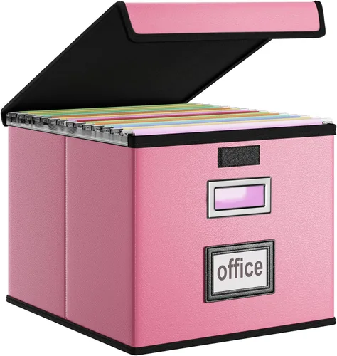 Vista 19 de Caja organizadora de archivos Huolewa con tapa, caja organizadora de carpetas de archivos colgantes de cuero sintético plegable con deslizadores