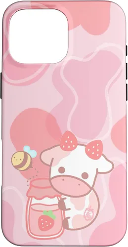 Vista 18 de Funda Kawaii para iPhone 12, diseño de vaca fresa, color rosa
