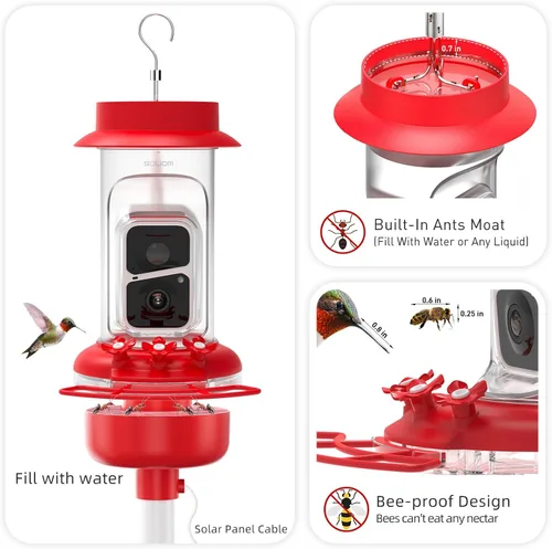 Vista 8 de Soliom Comedero de colibríes con cámara, comedero inteligente para pájaros con vista en vivo 2K, identificación de especies AI, a prueba de fugas