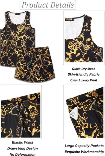 Vista 4 de JoZorro Conjunto de camiseta sin mangas con estampado floral para hombre, camiseta deportiva casual con estampado de lujo, ropa deportiva hawaiana