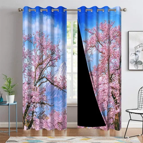 Vista 26 de Cortinas japonesas con pintura de tinta, monte Fuji, sol rojo, puesta de sol, hojas de bambú, cortinas de ventana para dormitorio, sala de estar