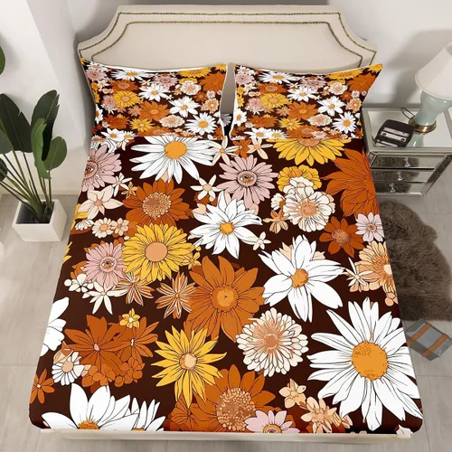 Vista 6 de Juego de ropa de cama con diseño floral bohemio, tamaño individual, diseño retro de flores groovy, 60S y 70S, diseño de flores hippie para niños