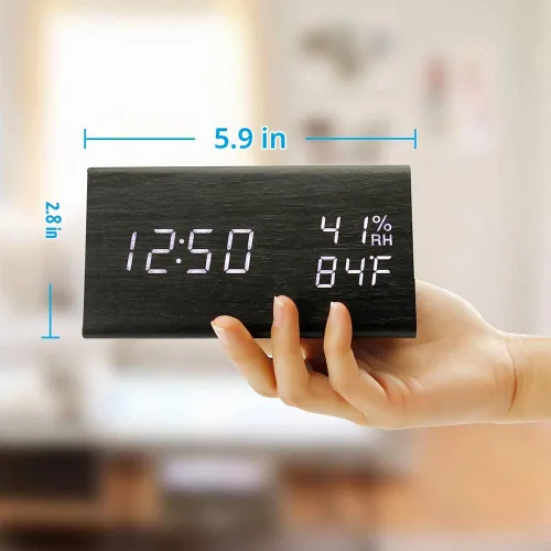 Vista 5 de OCT17 Reloj de alarma de madera, reloj digital LED inteligente para dormitorio/escritorios, actualizado con hora, temperatura, brillo ajustable