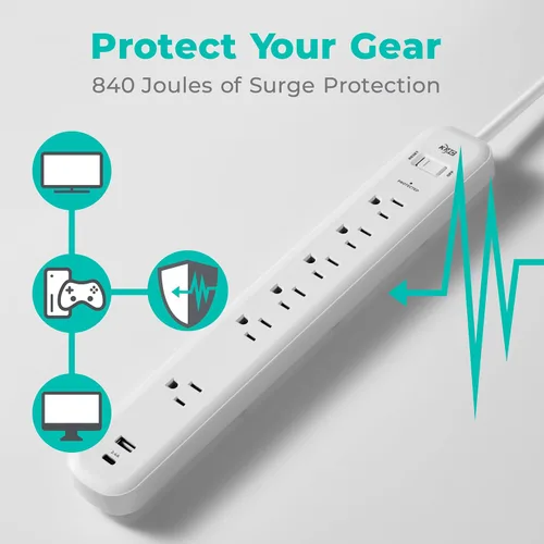 Vista 5 de KMC Regleta de alimentación con protector de sobretensiones de 6 tomas, 1 puerto USB-A y 1 puerto USB-C, protectores de sobretensiones