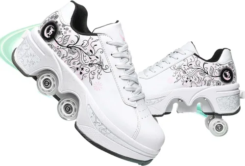 Vista 21 de Zapatos de patinaje convertibles para hombres y mujeres, zapatos de paseo automáticos para niños y adultos, patines con doble fila de ruedas, ruedas