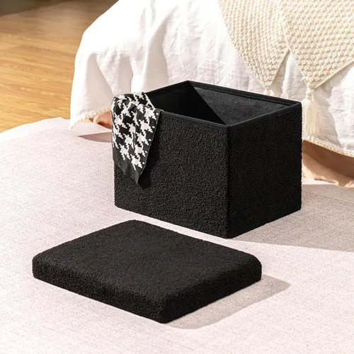 Vista 2 de B FSOBEIIALEO - Otomana de almacenamiento en forma de cubo pequeña, reposapiés de Sherpa, otomanas plegables portátiles de bouclé, piel sintética