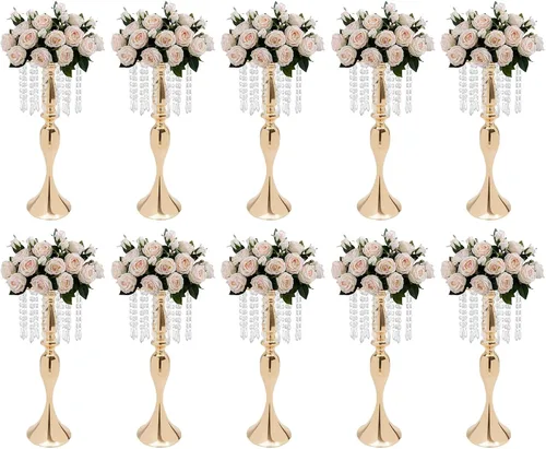 Vista 37 de Juego de 10 portavelas de metal dorado de 10.2 pulgadas de alto, florero, arreglo floral, candelabro, candelabro, portavelas para bodas, fiestas