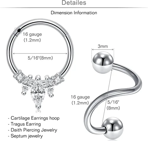 Vista 6 de MODRSA 20g 16g Cartilage Earrings for Women Silver Gold Helix Piercing Jewelry Surgical Steel Hypoallergenic Flat Back Earrings Cartilage Hoop for