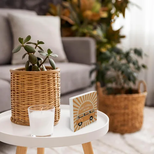Vista 5 de Letrero de madera con texto en inglés "Here Comes the Sun" para decoración de escritorio, moderno retro Groovy de los años 70 para el hogar