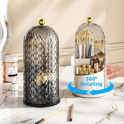 Vista 5 de Organizador de brochas de maquillaje con tapa, soporte giratorio de 360 grados para brochas de maquillaje con tapa, almacenamiento de brochas de Dia
