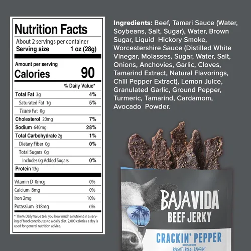 Vista 3 de Baja Beef Jerky - Cecina de res 100% natural, cetogénica, sin gluten, cecina artesanal baja en calorías, 0.46 oz de proteína por porción, sin