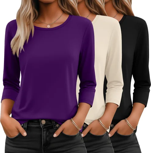 Vista 24 de Ficerd Paquete de 3 camisetas de manga 3/4 para mujer, cuello redondo, camisetas básicas elegantes, casuales, modernas, holgadas