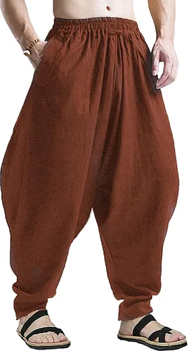 Vista 20 de perdontoo Pantalones harén para hombre, ajuste holgado, cintura elástica, cordón ajustable, pantalones hippie Aladdin beige