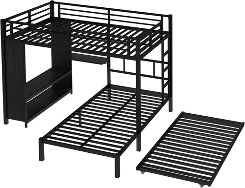 Vista 6 de Full Over Twin Bunk Bed with Trundle and Ladders, Metal Bunk Bed Frame with Built-in Foldable Desk & Wardrobe, Space-Saving Beds for Kids Teens