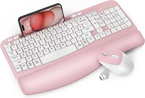 Vista 13 de Juego de teclado y mouse inalámbrico, teclas de onda de tamaño completo, teclado ergonómico con reposa muñecas acolchado, soporte para teléfono