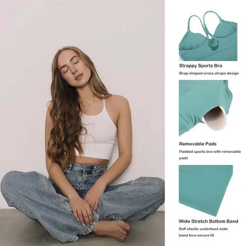 Vista 4 de MATHACINO Sports Bras Longline Fitness Crop Tops Tank Yoga Running Shirts V-Neck Spaghetti Strappy Workout Yoga Bra