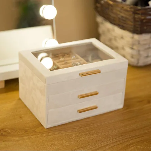 Vista 7 de Organizador de joyas de terciopelo de felpa con 3 cajones cajas de joyería grandes para mujeres con tapa acrílica transparente para almacenamiento