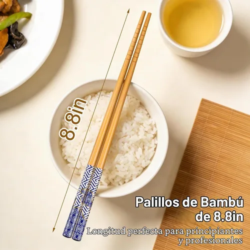 Vista 2 de Antner 5 pares de palillos de bambú reutilizables, exquisitos palillos de estilo japonés con caja negra para sushi, ramen, olla caliente y comedor