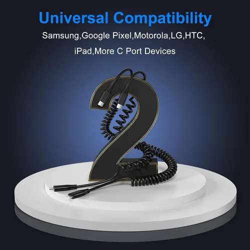 Vista 8 de Cable USB C para Android Auto de carga rápida, 3 pies + 6 pies, retráctil en espiral tipo C a C, cable de carga de teléfono para Samsung Galaxy A17