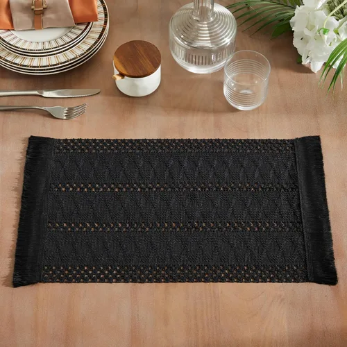 Vista 2 de Juego de 4 manteles individuales estilo macramé boho, manteles individuales decorativos negros de algodón natural de granja tejidos para decoración