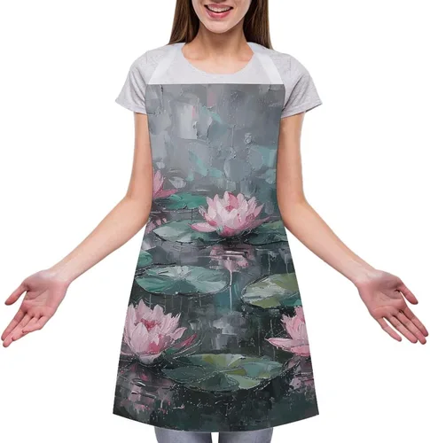 Vista 3 de MUSM Apron for Adults - 27.6 X 31.5 Inch, Heavy-Duty Polyester Aprons with Two Large Pockets, Waterproof Peach Water Lily Painting Kitchen Apron for
