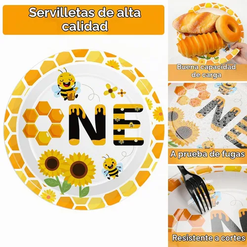 Vista 4 de Qyeahkj Juego de 100 platos de papel y servilletas de abeja, suministros para fiesta de primer cumpleaños, suministros para el primer cumpleaños