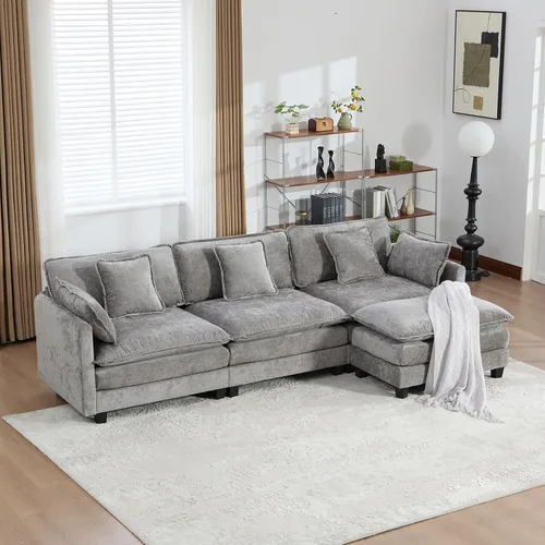 Vista 292 de Sofá seccional modular verde de 111.5", sofás seccionales grandes de 3 plazas para sala de estar, sofá nube oversized de tela chenille con otomana