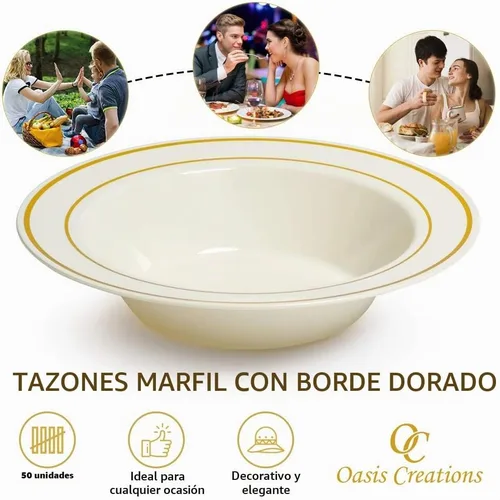Vista 4 de Oasis Creations Cuencos de marfil con borde dorado, 5 onzas, 50 unidades, plástico duro, desechables o reutilizables, para postres, ensaladas