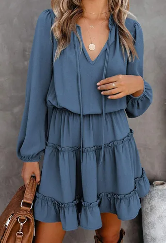 Vista 3 de LaSuiveur Vestidos casuales de otoño para mujer, cuello en V, cuello de lazo, manga larga, cintura alta, lunares, volantes, escalonado, mini vestido